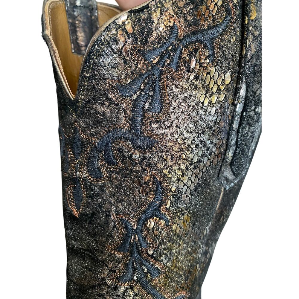 Lucchese Black Suede Metallic Python Square Toe Western Boots Womens 7.5 B - Picture 11 of 15